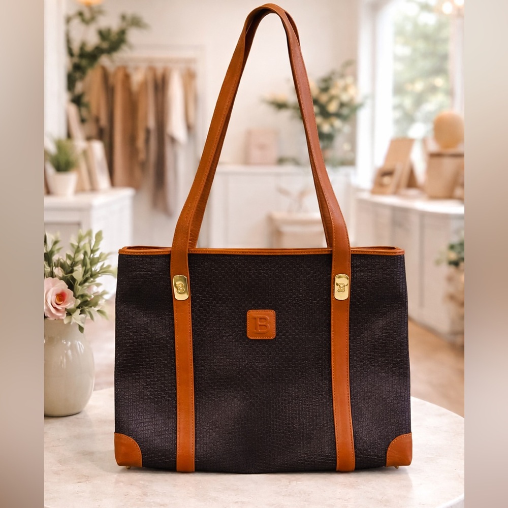 👜 Bally Vintage Brown Monogram Tote |Italian Leather Trim | Classic Luxury